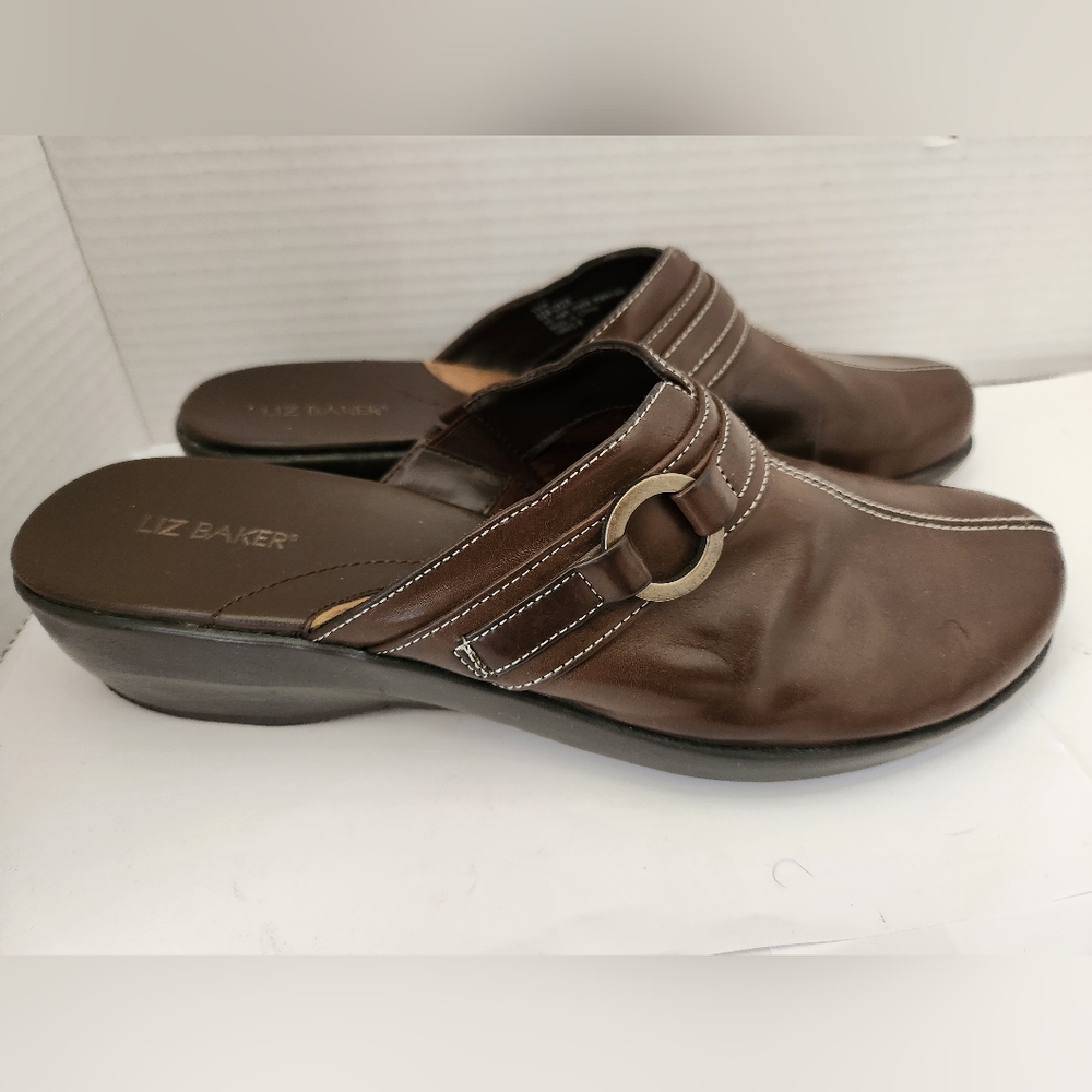 Liz Baker Shoes Sz 10M Mules Clogs Black Slip Ons Comfort Small Wedge Heels